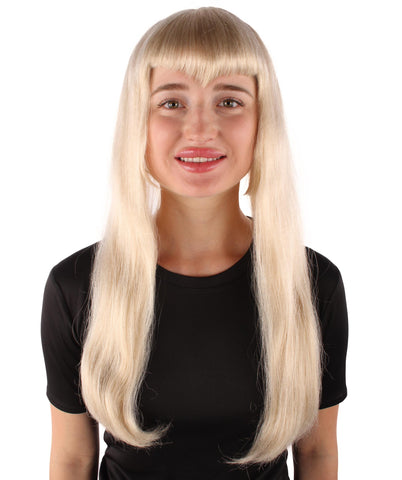 Adult Women's Long Blonde Wig with Bangs, Perfect for Cosplay, Flame-retardant Synthetic Fiber