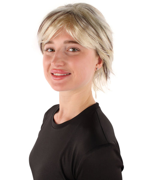 Adult Women's Mixed Blonde Short Wig with Bangs, Perfect for Cosplay, Flame-retardant Synthetic Fiber