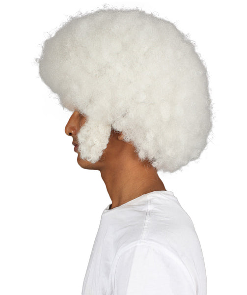 HPO Adult Men's White Afro Wig, Perfect for Halloween, Flame-retardant Synthetic Fiber