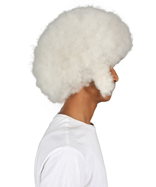 HPO Adult Men's White Afro Wig, Perfect for Halloween, Flame-retardant Synthetic Fiber
