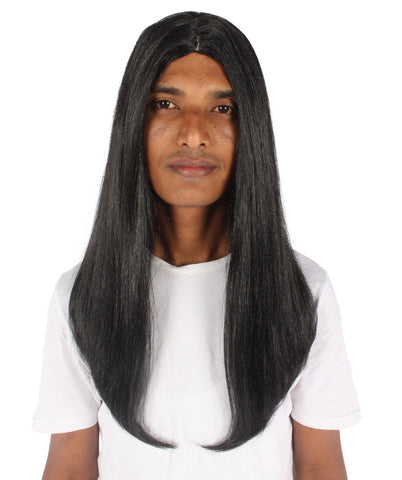HPO Adult Men's Shoulder Length Straight Dark Art Wizard Black Wig, Perfect for Halloween, Flame-retardant Synthetic Fiber