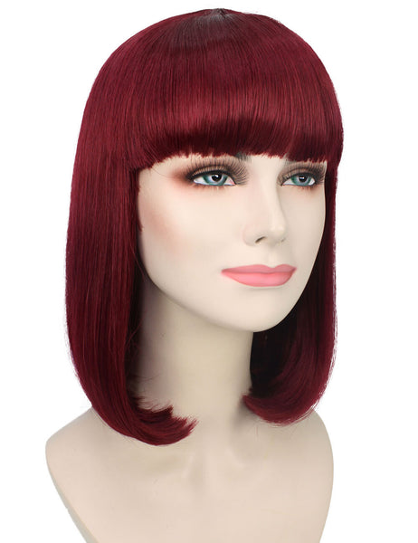 Adult Women's Burgundy Straight Short Bob Wig with Bangs | Perfect for Cosplay | Flame-retardant Synthetic Fiber